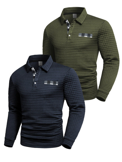 Men's long-sleeved polo shirt with a waffle texture and checked collar, navy blue and army green