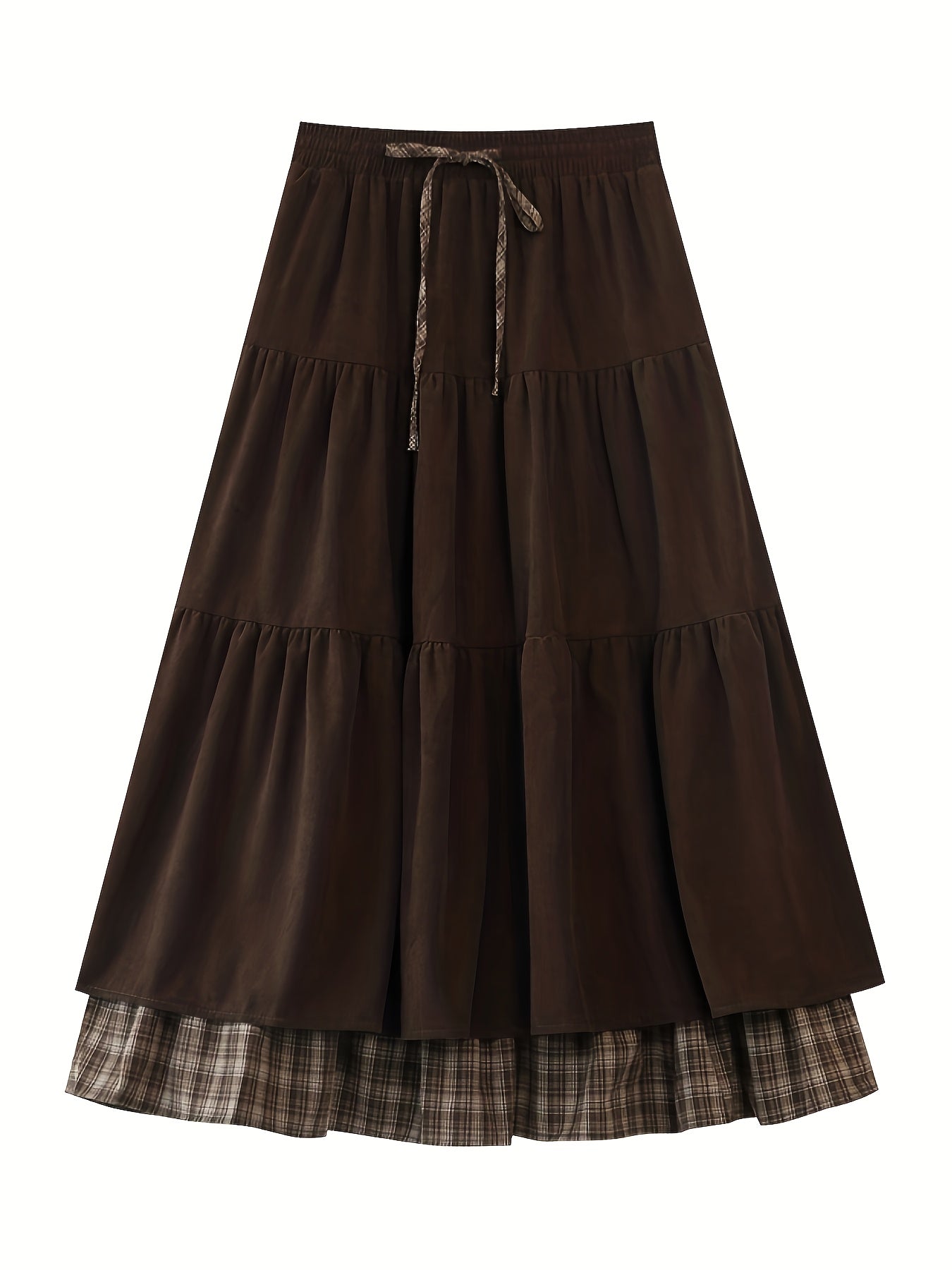 Women's floor-length tiered skirt with a checked underskirt and drawstring