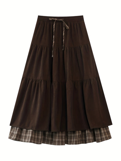 Women's floor-length tiered skirt with a checked underskirt and drawstring