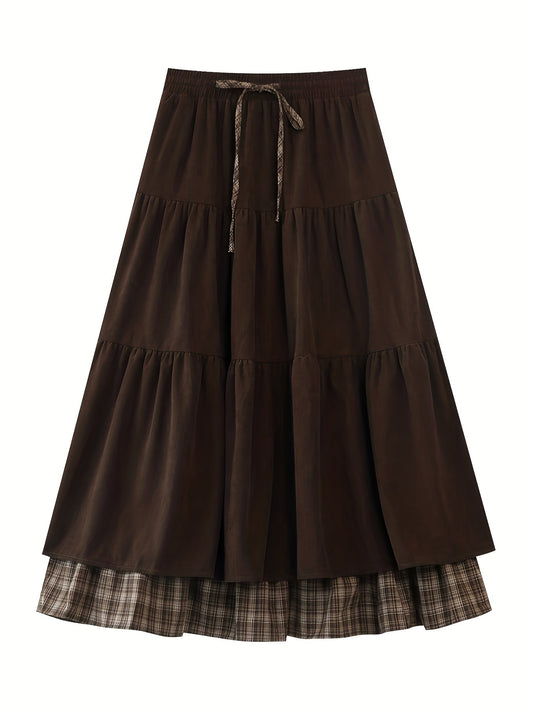 Women's floor-length tiered skirt with a checked underskirt and drawstring