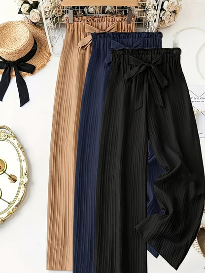 Women's Elegant Pleated Pants with Bow Waist, Wide Leg, Perfect for Spring and Summer, Casual and Office