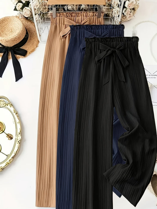 Women's Elegant Pleated Pants with Bow Waist, Wide Leg, Perfect for Spring and Summer, Casual and Office