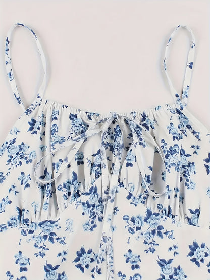 Women's Summer Midi Dress with Floral Pattern and Tie Belt – Elegant A-Line Dress for Everyday Wear and Garden Parties