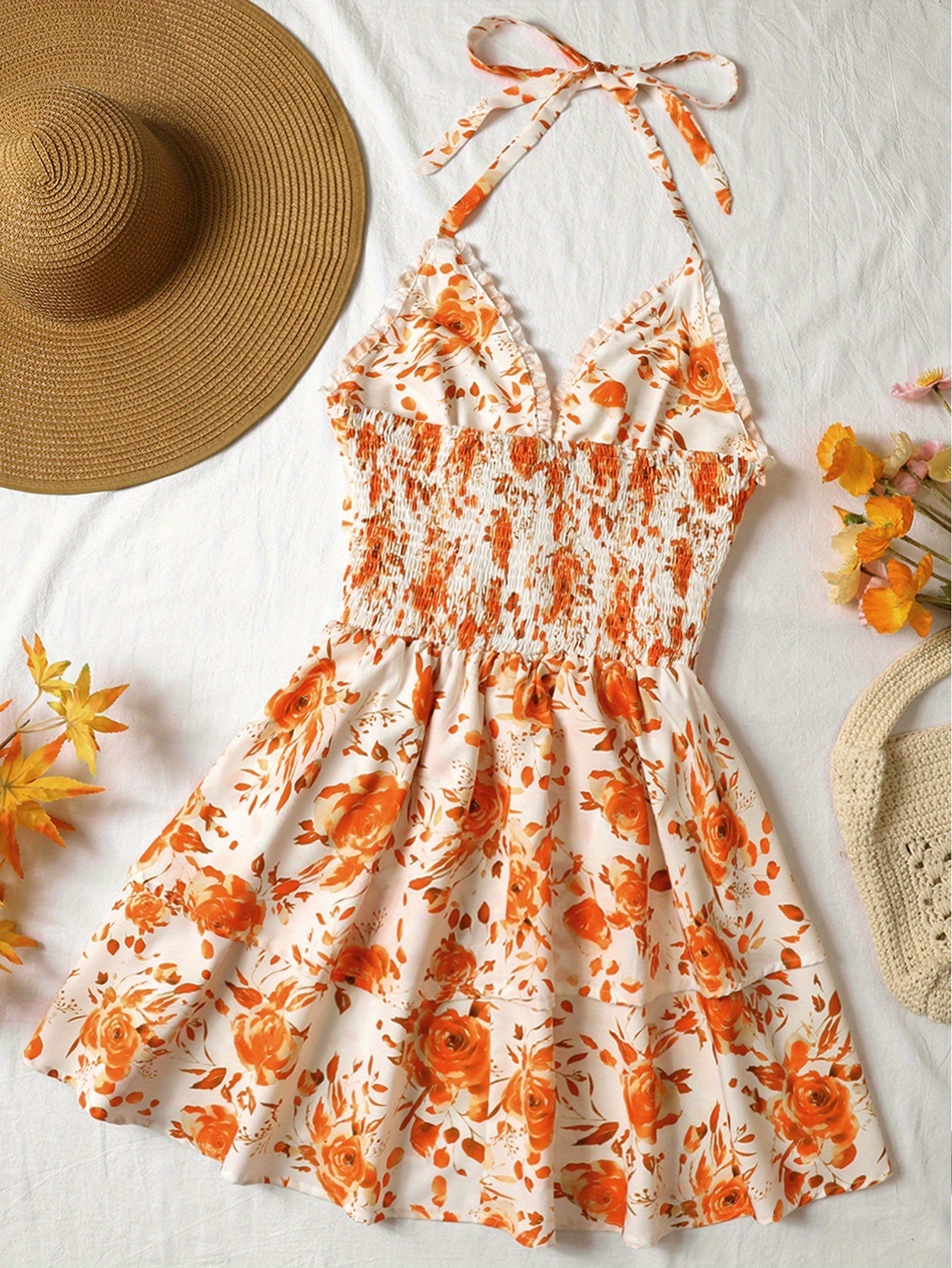 Women's Summer Mini Dress with Rose Pattern, Halterneck, Ruffles, and Lacing – Romantic Casual Dress for Garden Parties & Vacation