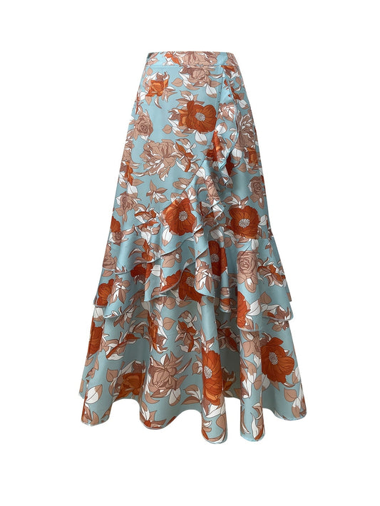 Women's maxi skirt with ruffle and floral pattern – Elegant wrap skirt for summer and leisure