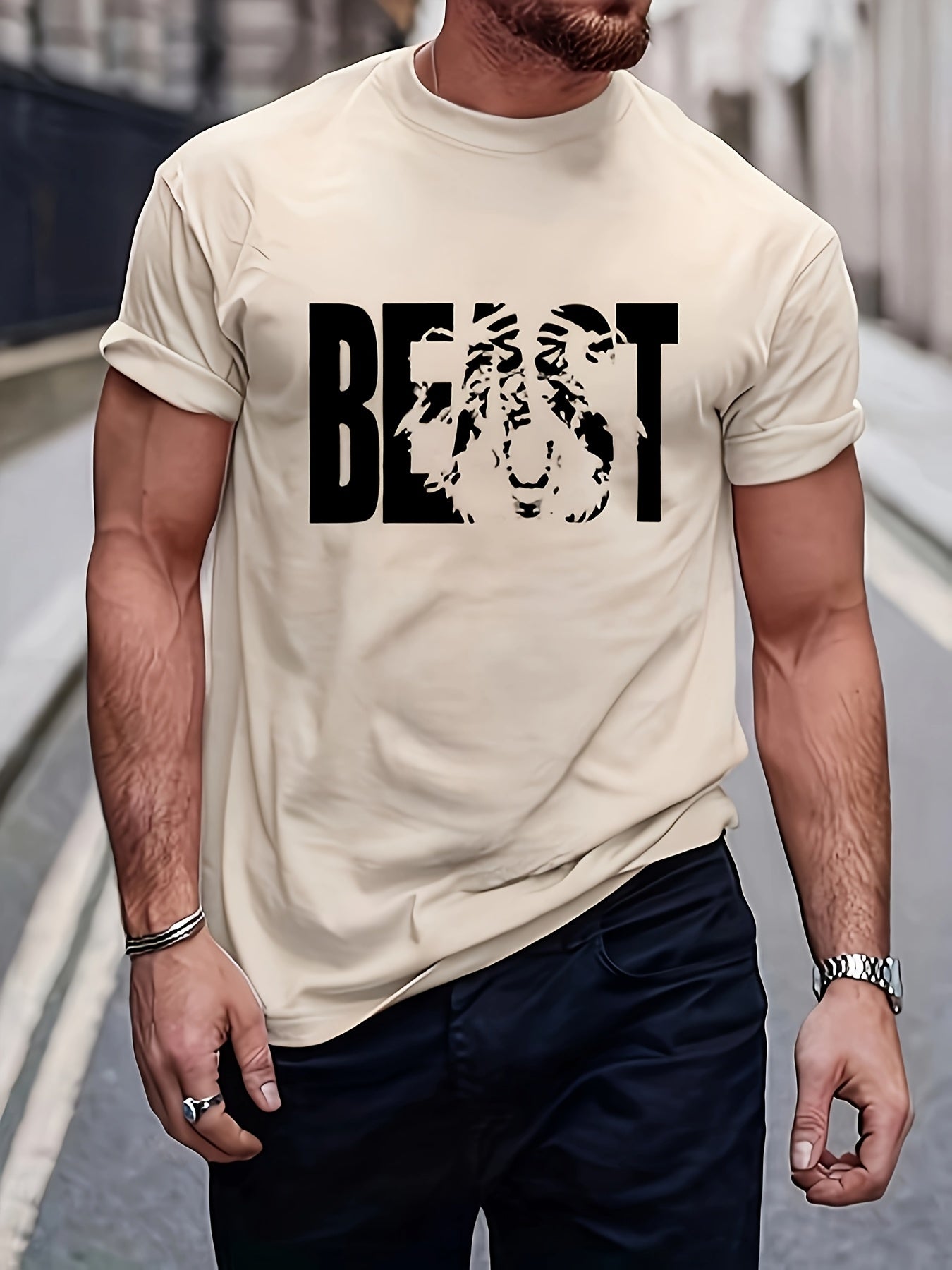 Men's T-Shirt with BEAST Print – Urban Streetwear Oversize, Short Sleeve
