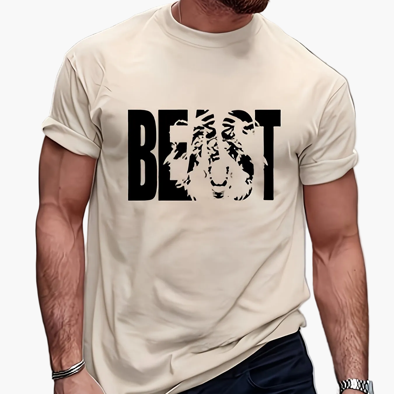 Men's T-Shirt with BEAST Print – Urban Streetwear Oversize, Short Sleeve