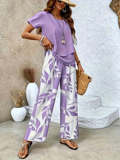 Women's Elegant Two-Piece Set with Short-Sleeve Shirt and Wide-Leg Pants, Floral, Perfect for Everyday and Vacation