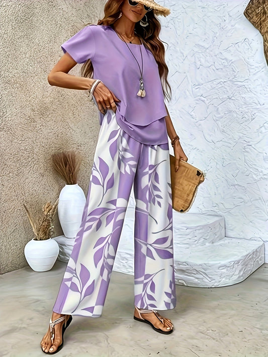 Women's Elegant Two-Piece Set with Short-Sleeve Shirt and Wide-Leg Pants, Floral, Perfect for Everyday and Vacation