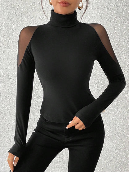 Damen Rollkragen-Oberteil mit transparenten Ärmeldetails, Schwarz