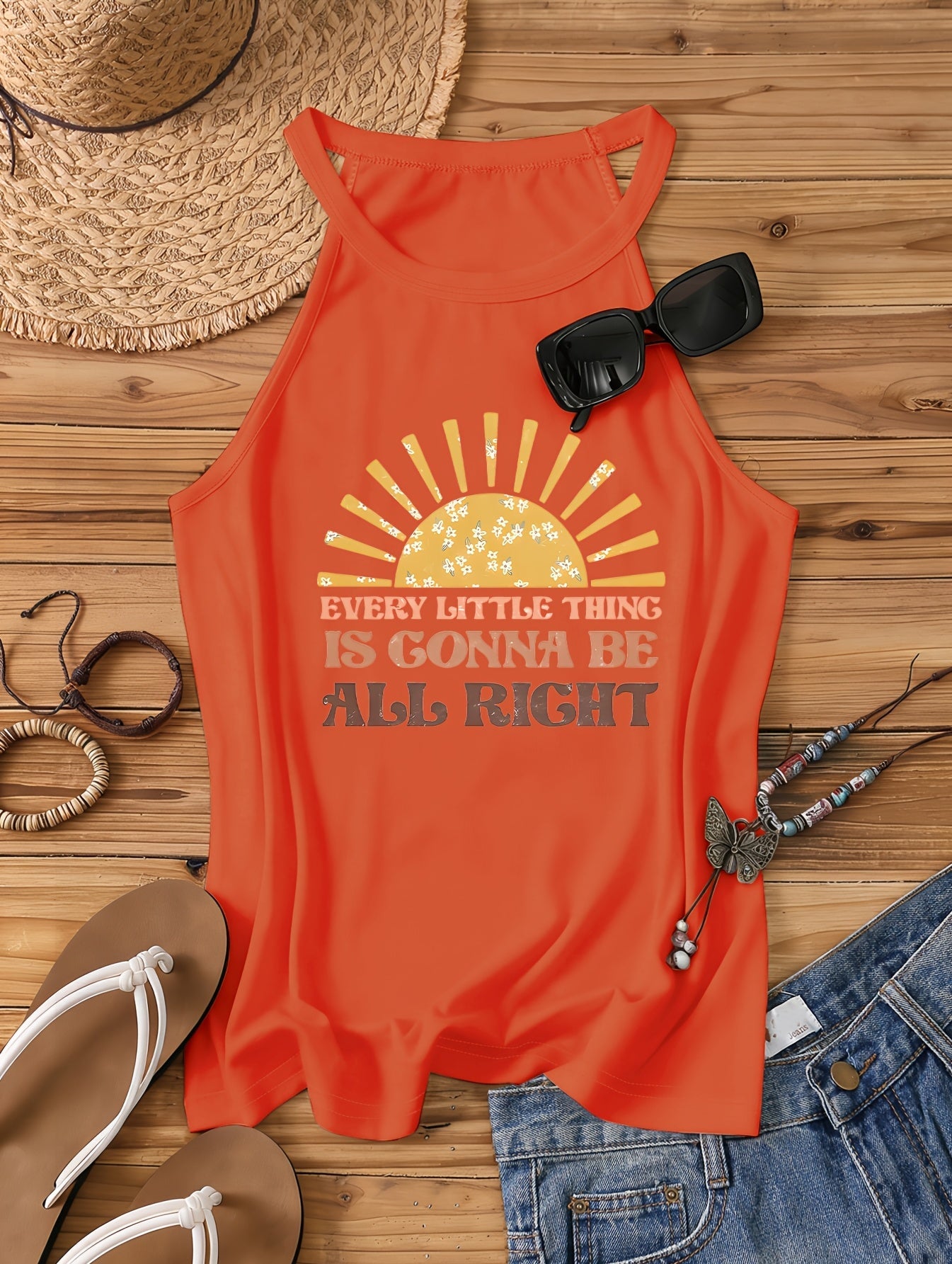 Women's Casual Summer Tank Top – Sun Motif & Quote "Every Little Thing Is Gonna Be All Right" – Casual Shirt