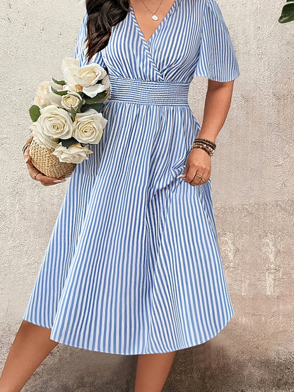 Women's Elegant Striped Midi Dress with V-Neck and Waist Accent for Festive Occasions