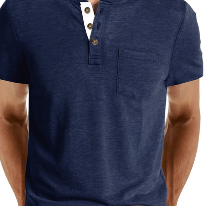 Herren Henley T-Shirt Kurzarm Casual Freizeitshirt mit Knopfleiste und Brusttasche