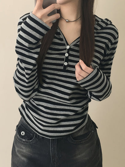 Damen Langarmshirt gestreift mit Knopfleiste