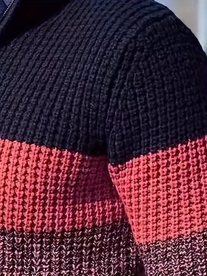 Herren Strickpullover mit Streifenmuster und Stehkragen – Modischer Freizeitpullover mit Viertelreißverschluss