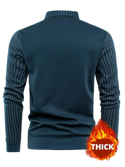 Men's long-sleeve shirt with a V-neck, sweater-style look, and striped sleeves