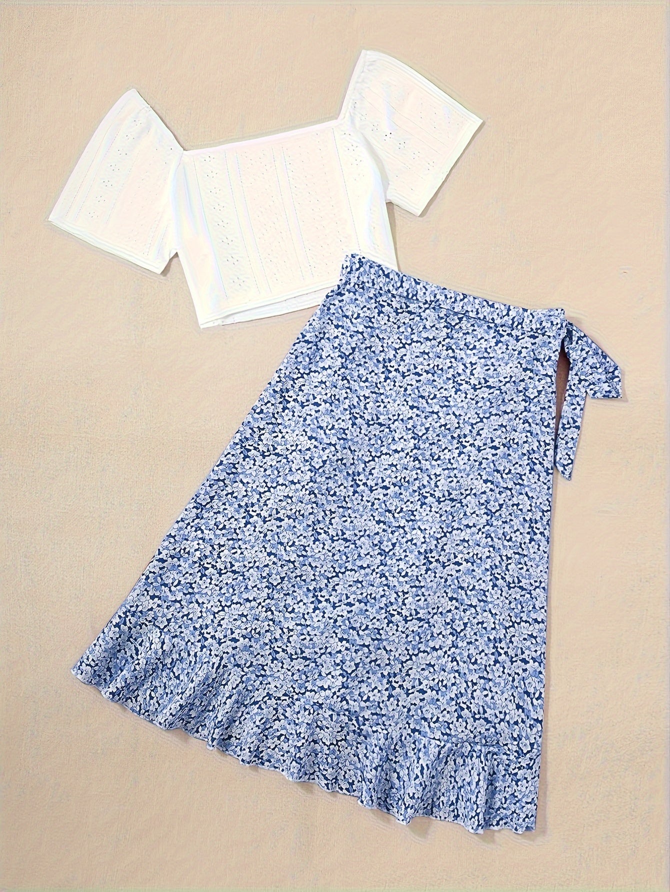 Damen Zweiteiler Set – Romantische Bluse mit Puffärmeln und Floraler Wickelrock – Perfekt für Sommer & Freizeit