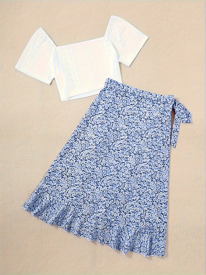 Damen Zweiteiler Set – Romantische Bluse mit Puffärmeln und Floraler Wickelrock – Perfekt für Sommer & Freizeit