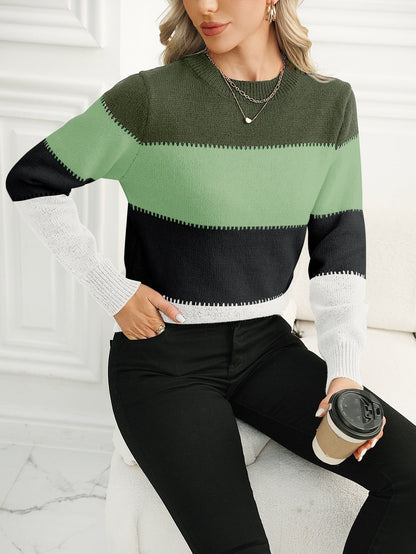 Women's crew-neck color-block knit sweater, long sleeve