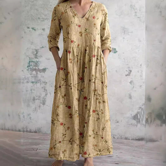 Damen Vintage Boho Maxikleid mit Blumenmuster und 3/4-Ärmeln – Lässiges Alltagskleid mit V-Ausschnitt und Taschen