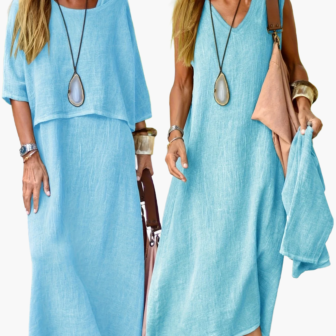 Damen Maxikleid Zweiteiler Set Boho Stil Lässig Sommerkleid für Alltag und Urlaub