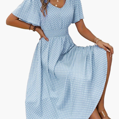 Women's Summer Polka Dot Maxi Dress with Short Sleeves and V-Neck – Casual & Vacation