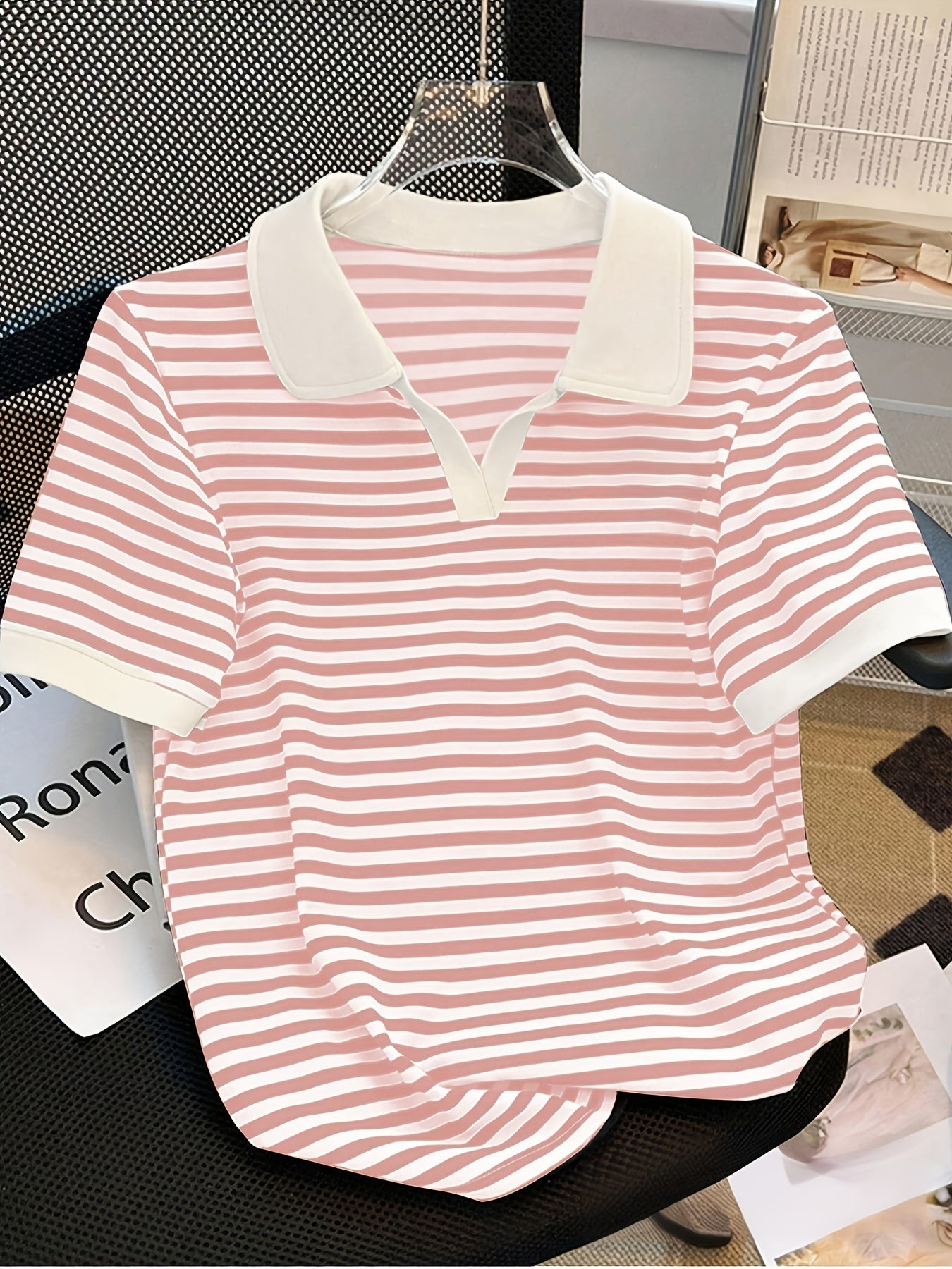 Women's polo shirt with stripes and V-neck – smart-casual style for leisure and office
