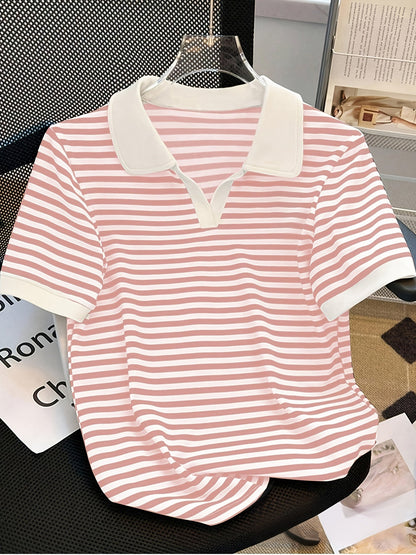 Women's polo shirt with stripes and V-neck – smart-casual style for leisure and office