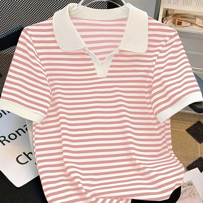 Women's polo shirt with stripes and V-neck – smart-casual style for leisure and office