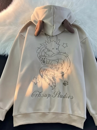 Beige zip-up hoodie with dragon embroidery and antler hood