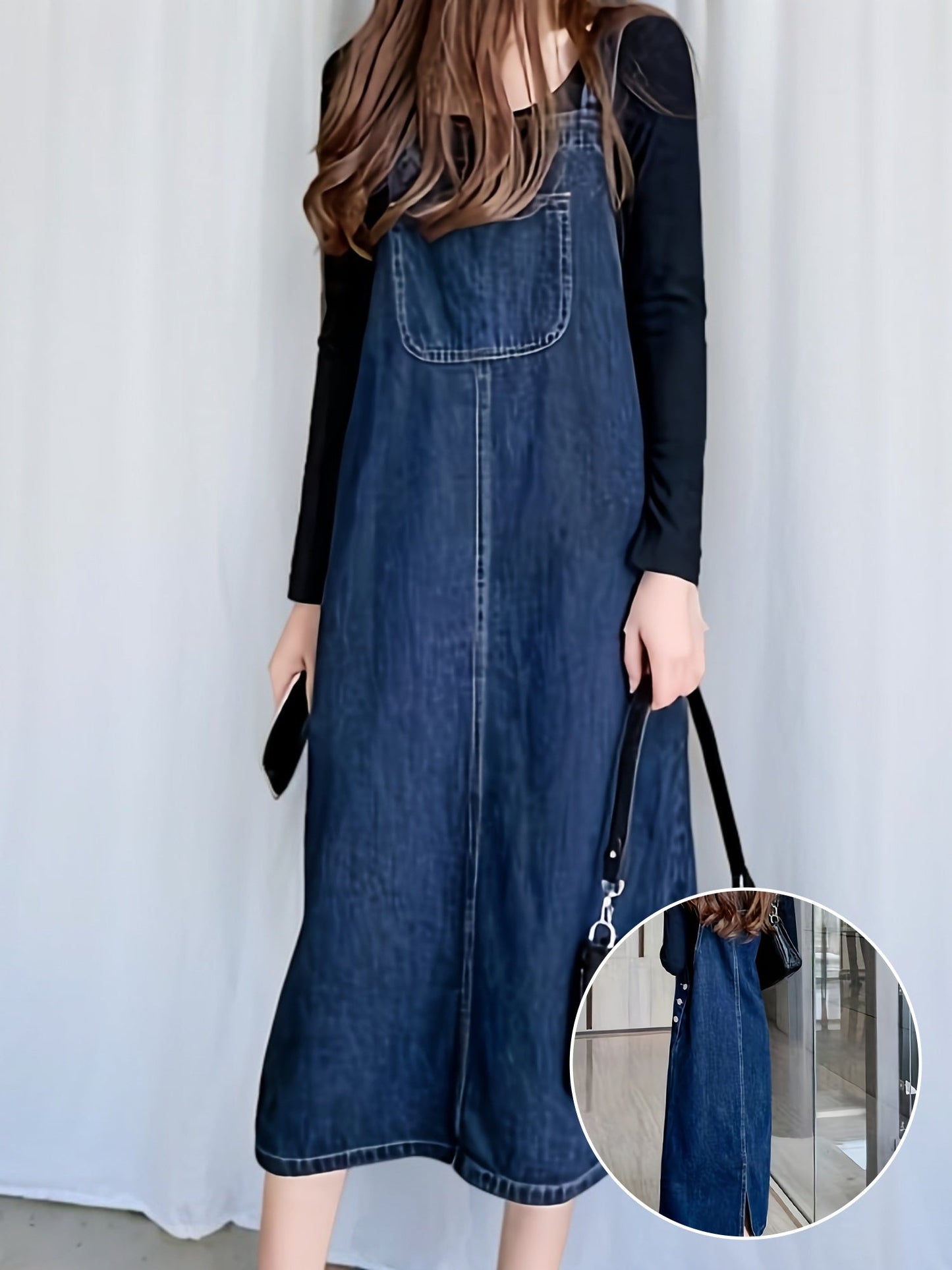 Women's Denim-Look Pinafore Midi Dress with Pocket – Fashionable Casual Dress for Everyday and City Wear