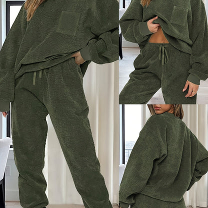 Damen Zweiteiler Lounge-Set Grün mit Struktur Langarmshirt und Jogginghose