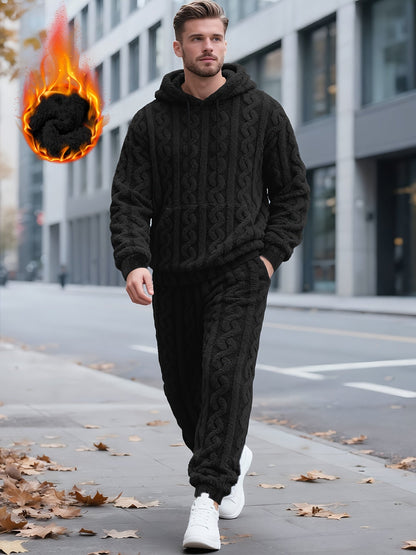 Men's cozy cable-knit tracksuit with hoodie and pants, soft & warm
