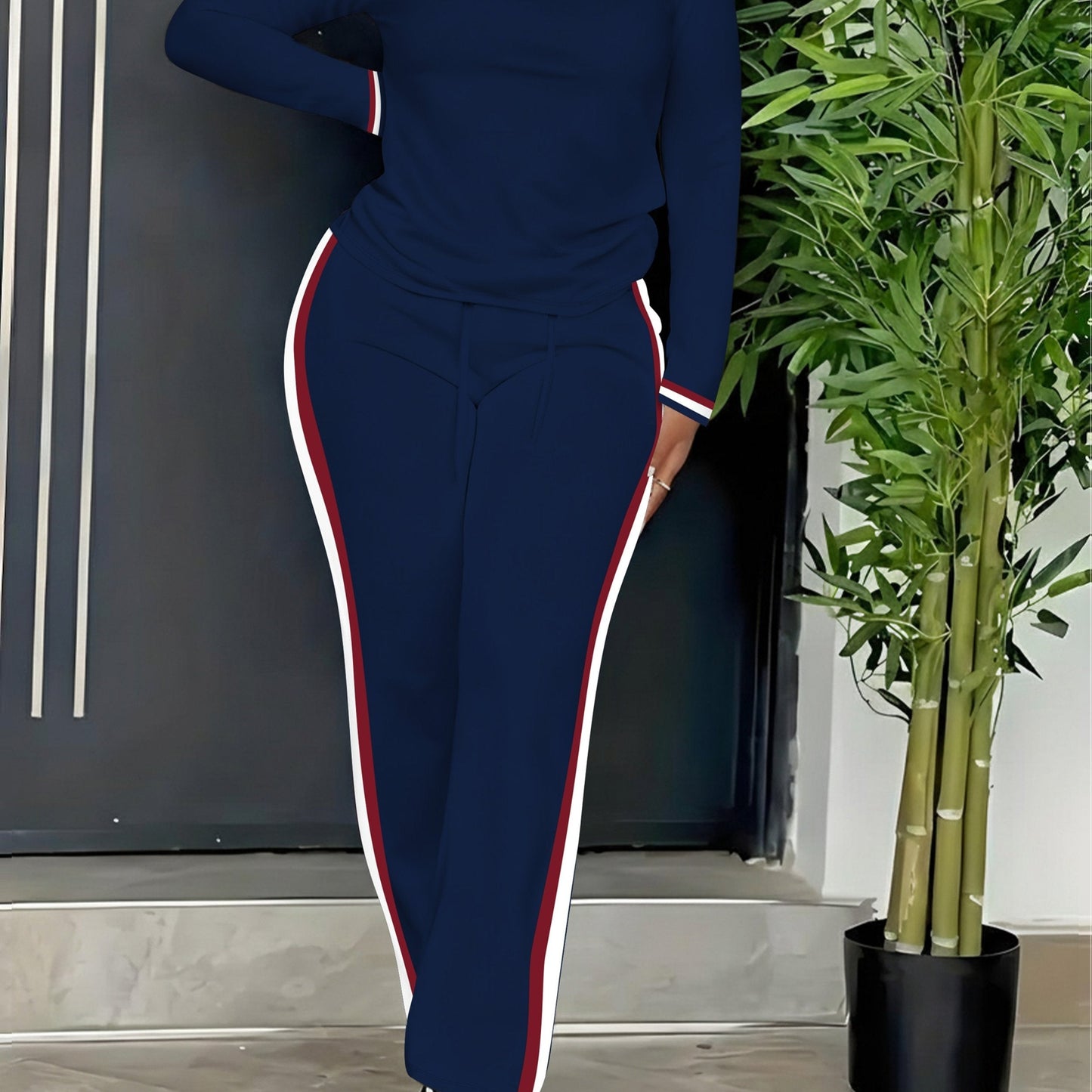 Damen Trainingsanzug Set marineblau Langarm Oberteil Hose Seitenstreifen