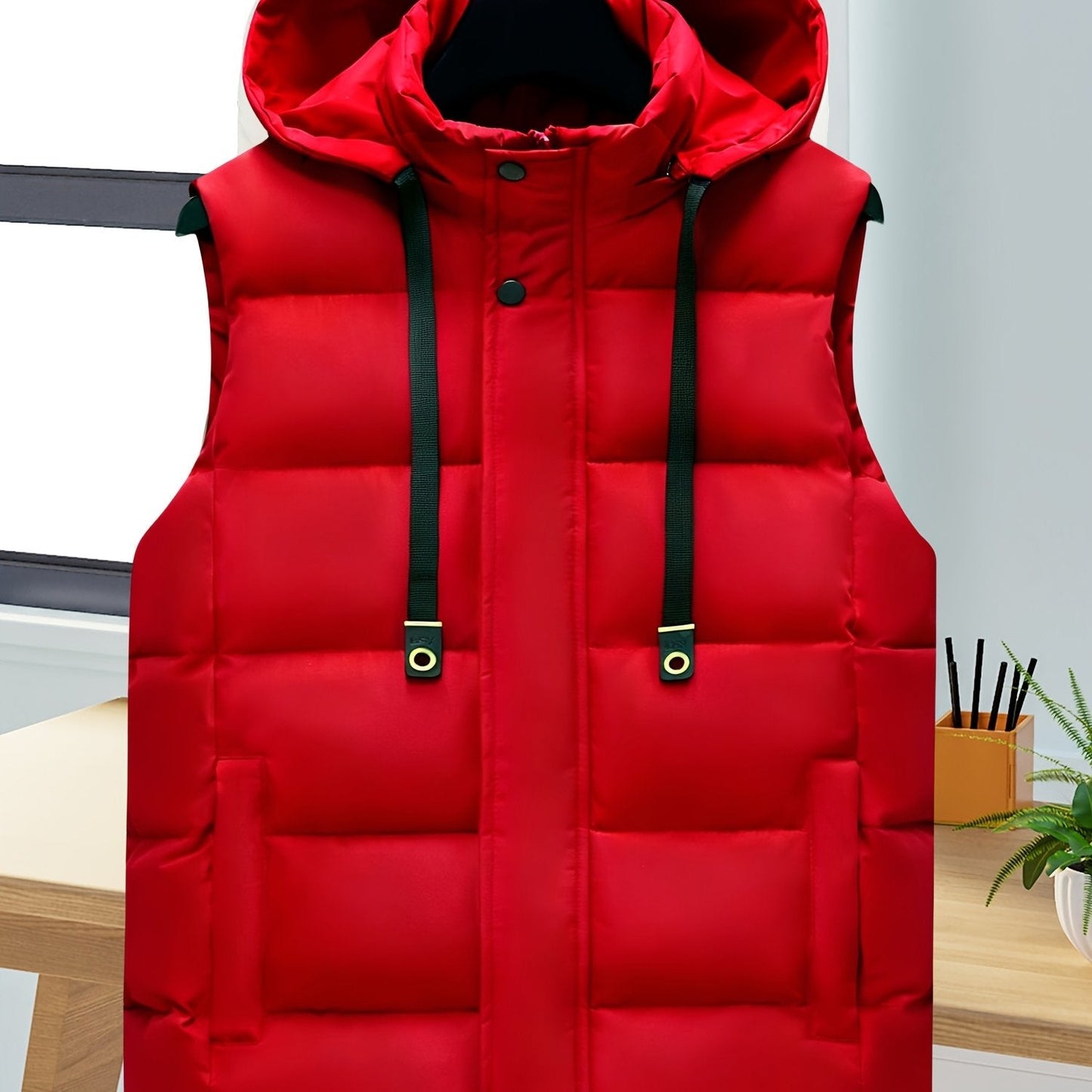 Unisex hooded quilted vest with a zipper and pockets