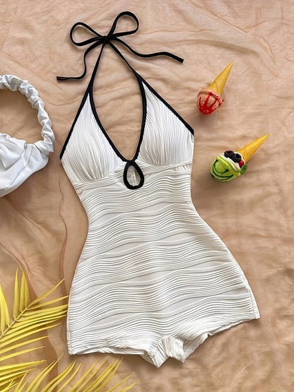 Women's Swimsuit with Wave Design and Boyshort Cut – Elegant One-Piece for Beach and Pool