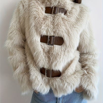 Women's beige faux fur jacket with buckles
