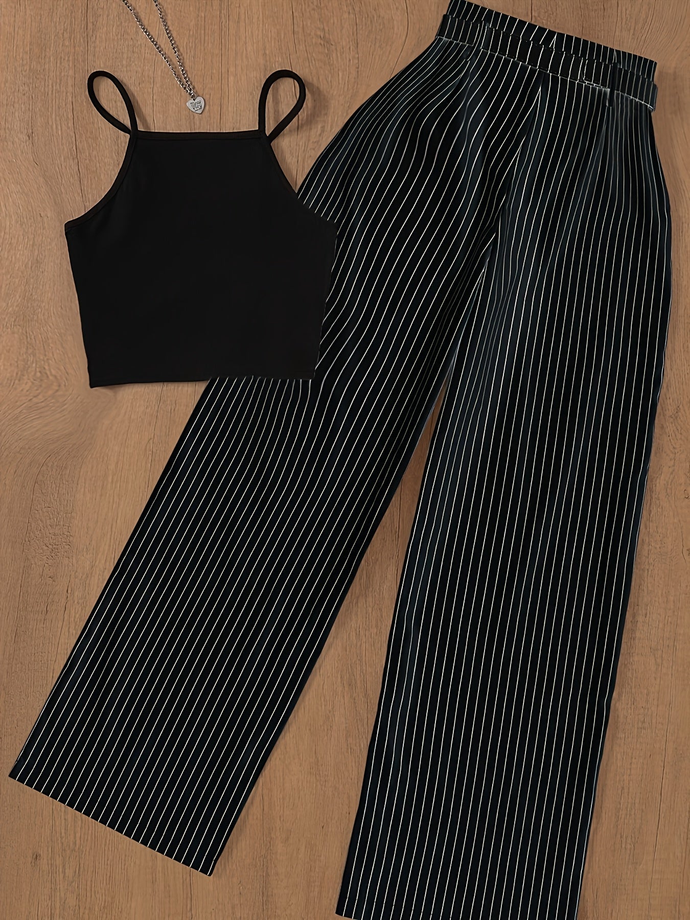 Women's Elegant Pinstripe Set – Sleeveless Top and Wide-Leg Pants with Belt, Perfect for Office and Leisure