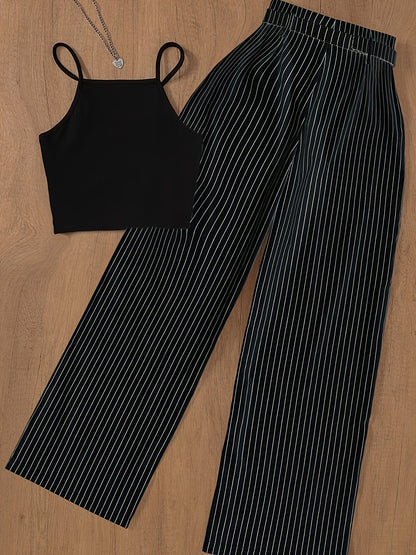 Women's Elegant Pinstripe Set – Sleeveless Top and Wide-Leg Pants with Belt, Perfect for Office and Leisure
