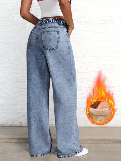 Women's wide-leg jeans with teddy lining, light blue