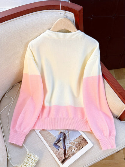Women's sweatshirt with rose print, long sleeves, crew neck, white-pink