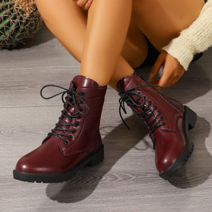 Women’s dark red worker boots with laces and a zipper