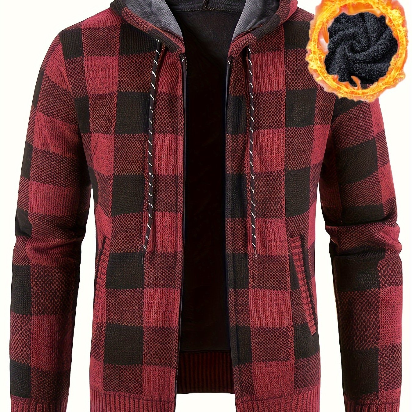 Herren Karierte Strickjacke mit Kapuze und Reißverschluss, gefüttert