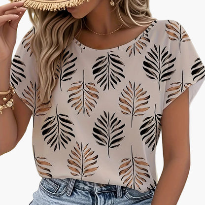 Women's Elegant Summer Blouse with Leaf Print – Short Sleeve, Casual & Outdoor Style