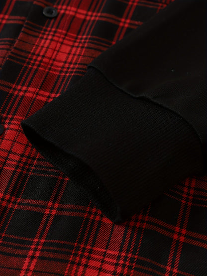 Men's checkered shirt jacket look, black and red grid pattern, hooded, long-sleeved
