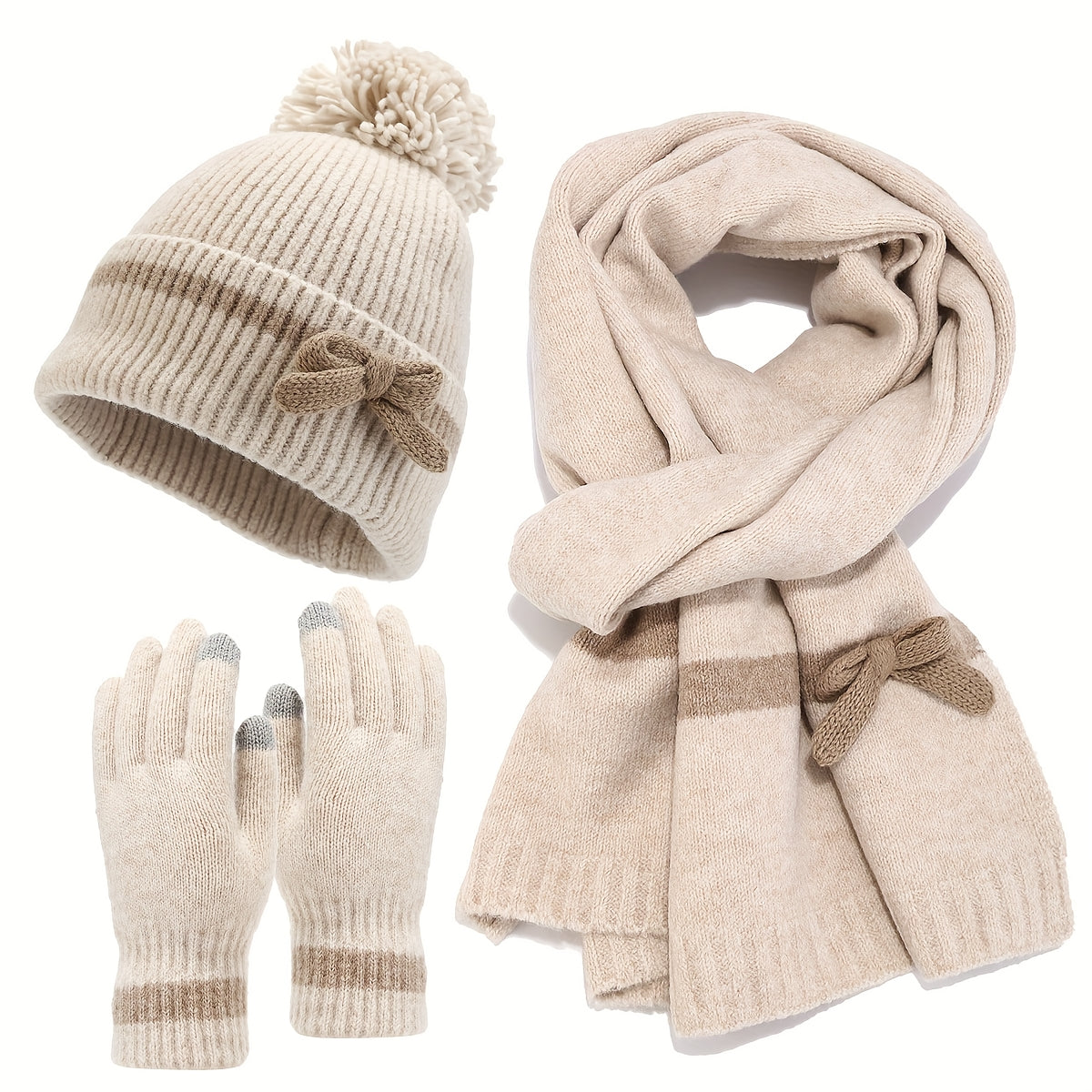Winterset 3-teilig mit Mütze, Schal und Handschuhen, gestrickt mit Schleifchen-Detail