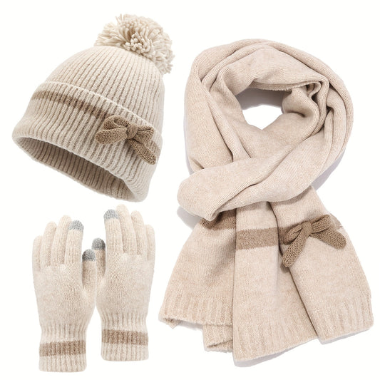 Winterset 3-teilig mit Mütze, Schal und Handschuhen, gestrickt mit Schleifchen-Detail
