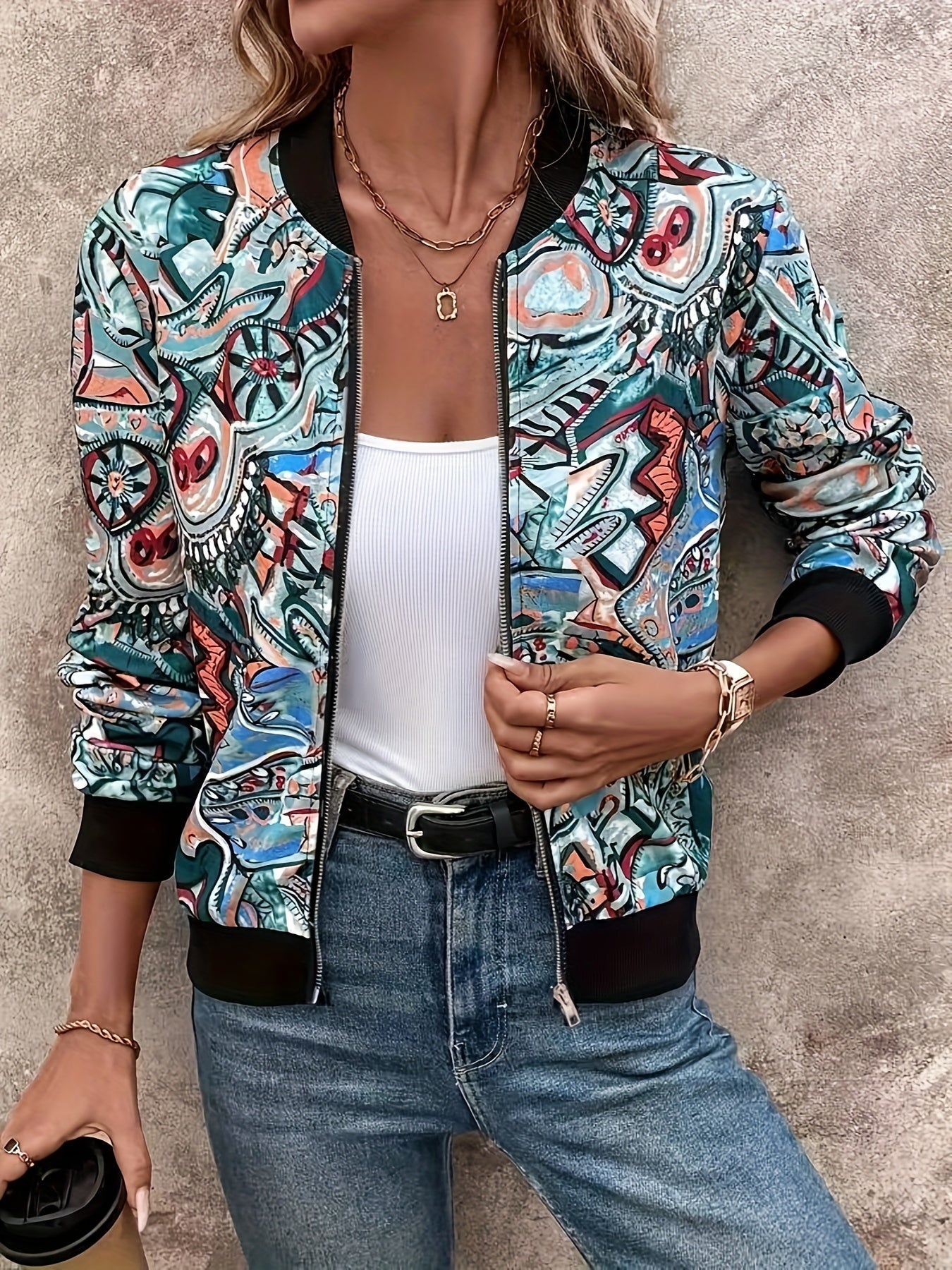 Women's bomber jacket with cartoon print for leisure and vacation