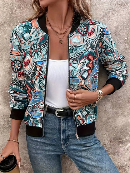 Women's bomber jacket with cartoon print for leisure and vacation