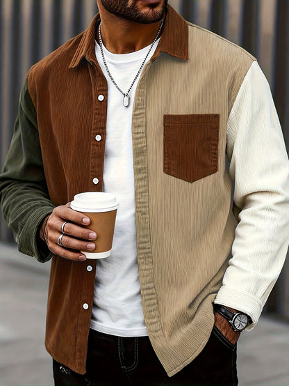 Herren Hemd Cord Patchwork Langarm Knopfleiste Braun Beige Khaki
